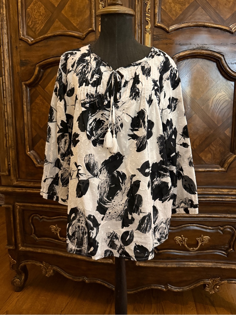Karl Lagerfeld Black and White Floral Tie-Neck Tunic